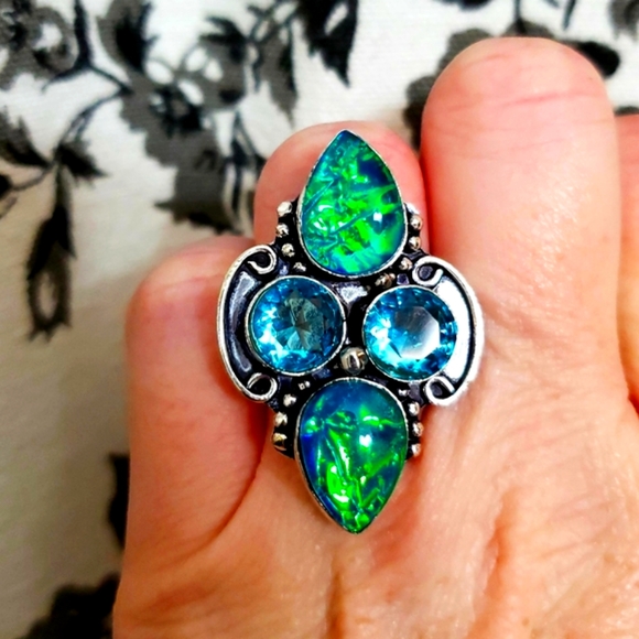 New Dichroic Glass and Blue Topaz 925 Silver Ring. - Picture 2 of 8